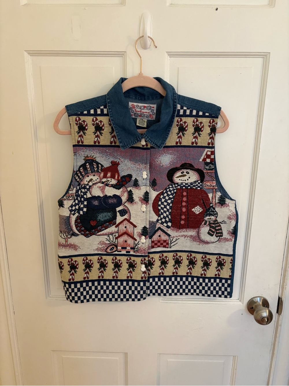 Tantrums Denim-Collar Vest with Red & Blue Embroidery Size PXL
